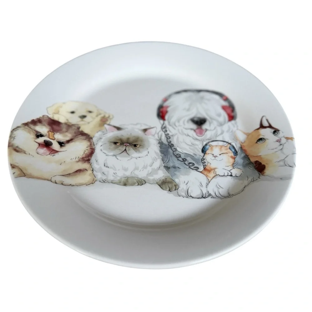 Pier 1 Imports Ironstone Plate Dogs & Cats with Headphones Design